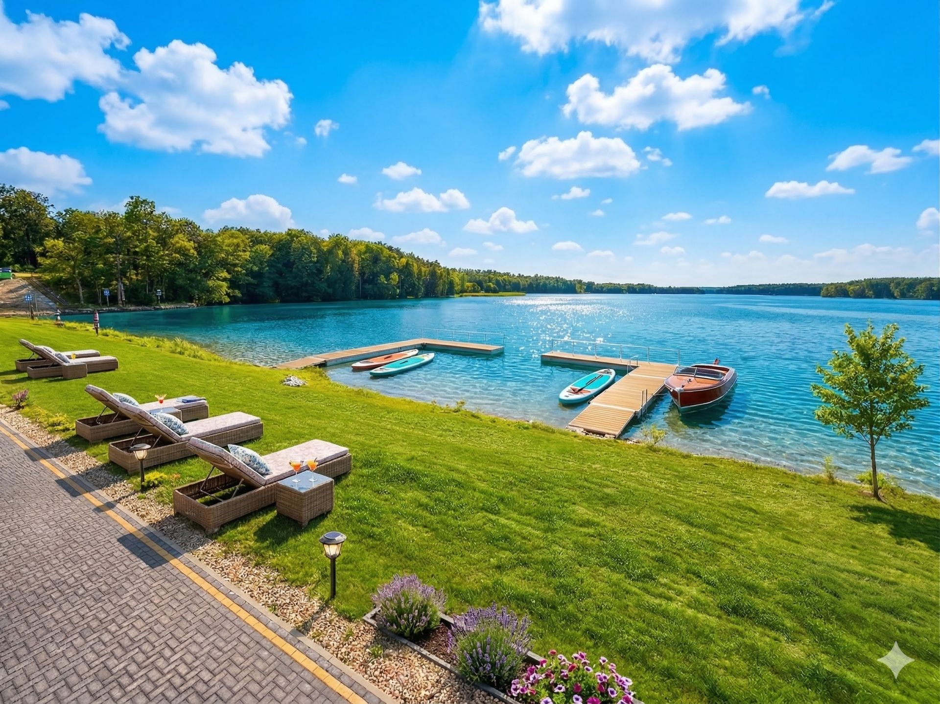Sunlit lakeside lawn with wicker lounge chairs, wooden docks, paddleboards and small boat, serene summer mood