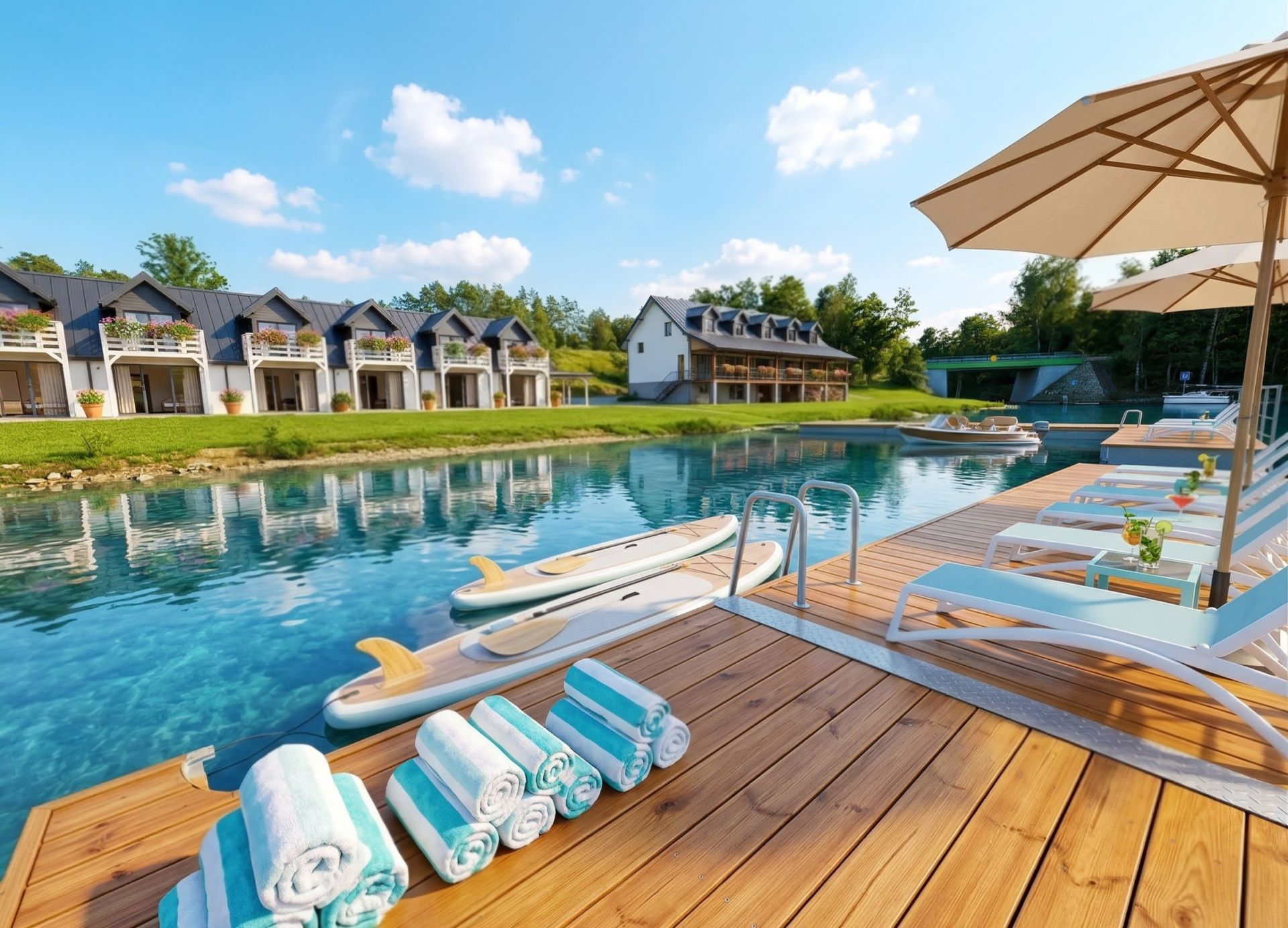 Sunlit wooden dock with rolled towels, paddleboards and lounge chairs by water.